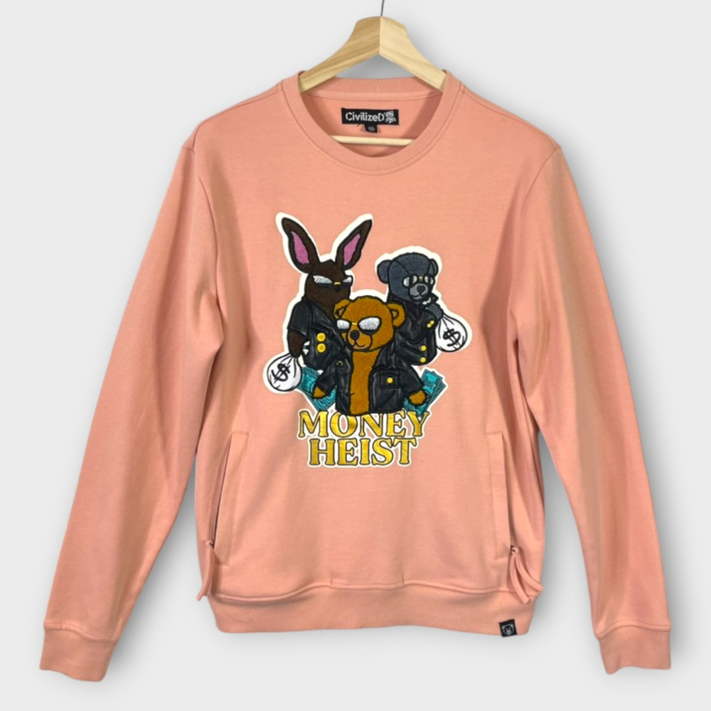 🦜 CivilizeD Bear Money Heist Unisex Salmon Sweatshirt with Pockets MEDIUM